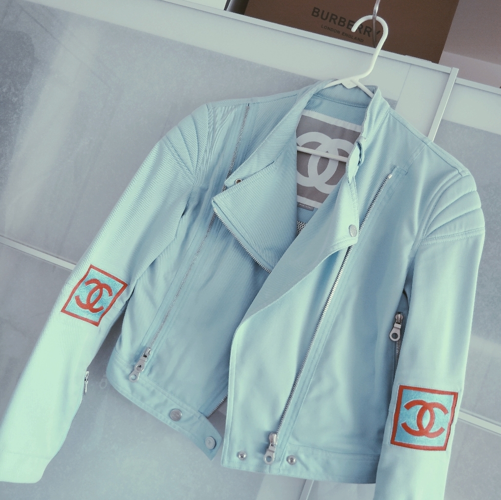 Chanel Light Blue Sports Moto Jacket. Authentic Pre-Loved.